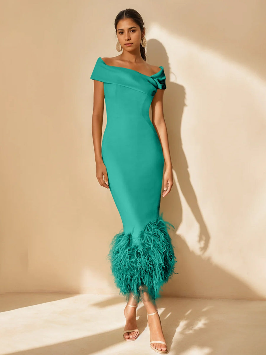 Column Off-the-Shoulder Short Sleeves Tea-Length Unique Mother of the Bride Dress