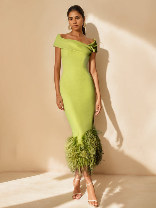 Column Off-the-Shoulder Short Sleeves Tea-Length Unique Mother of the Bride Dress