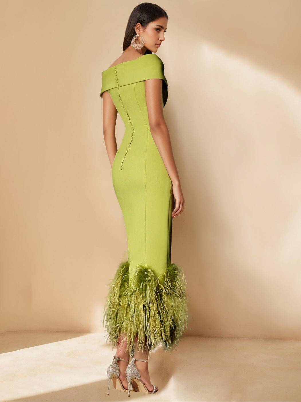 Column Off-the-Shoulder Short Sleeves Tea-Length Unique Mother of the Bride Dress