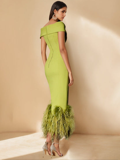 Column Off-the-Shoulder Short Sleeves Tea-Length Unique Mother of the Bride Dress