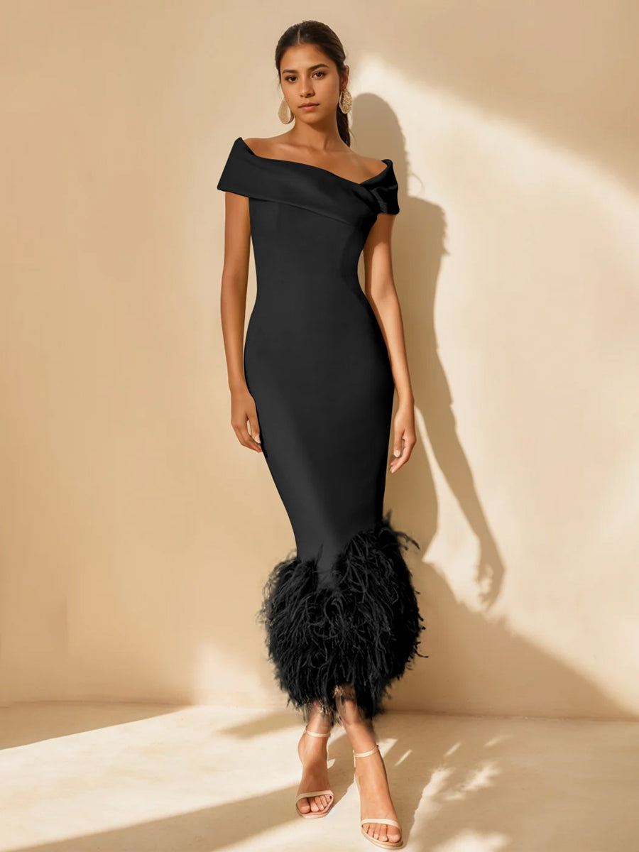 Column Off-the-Shoulder Short Sleeves Tea-Length Unique Mother of the Bride Dress