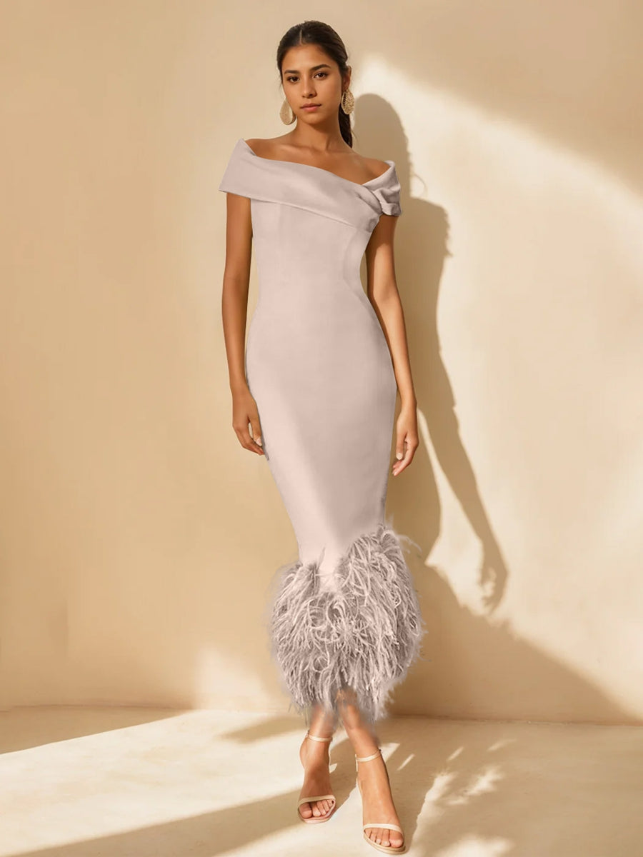 Column Off-the-Shoulder Short Sleeves Tea-Length Unique Mother of the Bride Dress