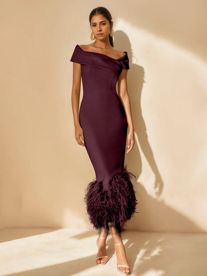 Column Off-the-Shoulder Short Sleeves Tea-Length Unique Mother of the Bride Dress