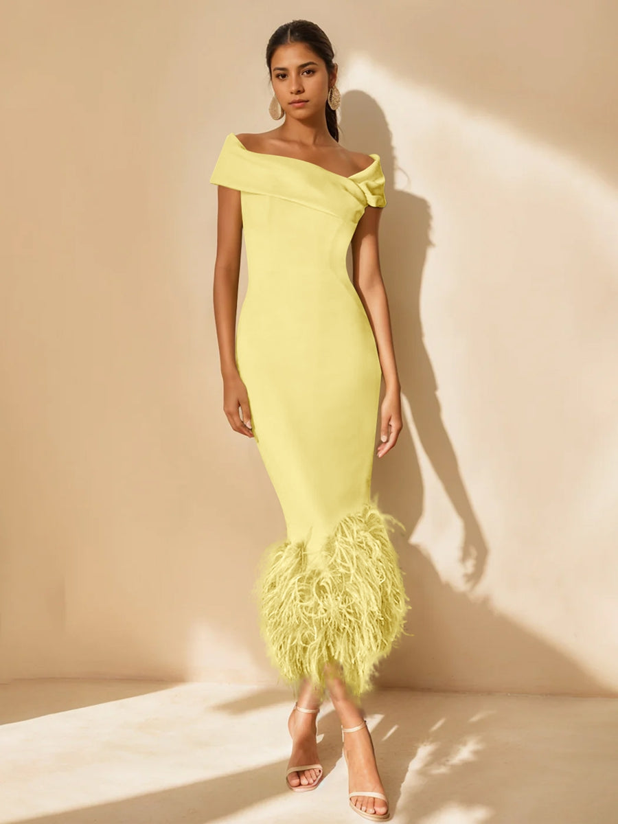 Column Off-the-Shoulder Short Sleeves Tea-Length Unique Mother of the Bride Dress