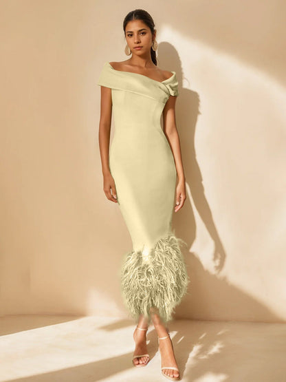 Column Off-the-Shoulder Short Sleeves Tea-Length Unique Mother of the Bride Dress