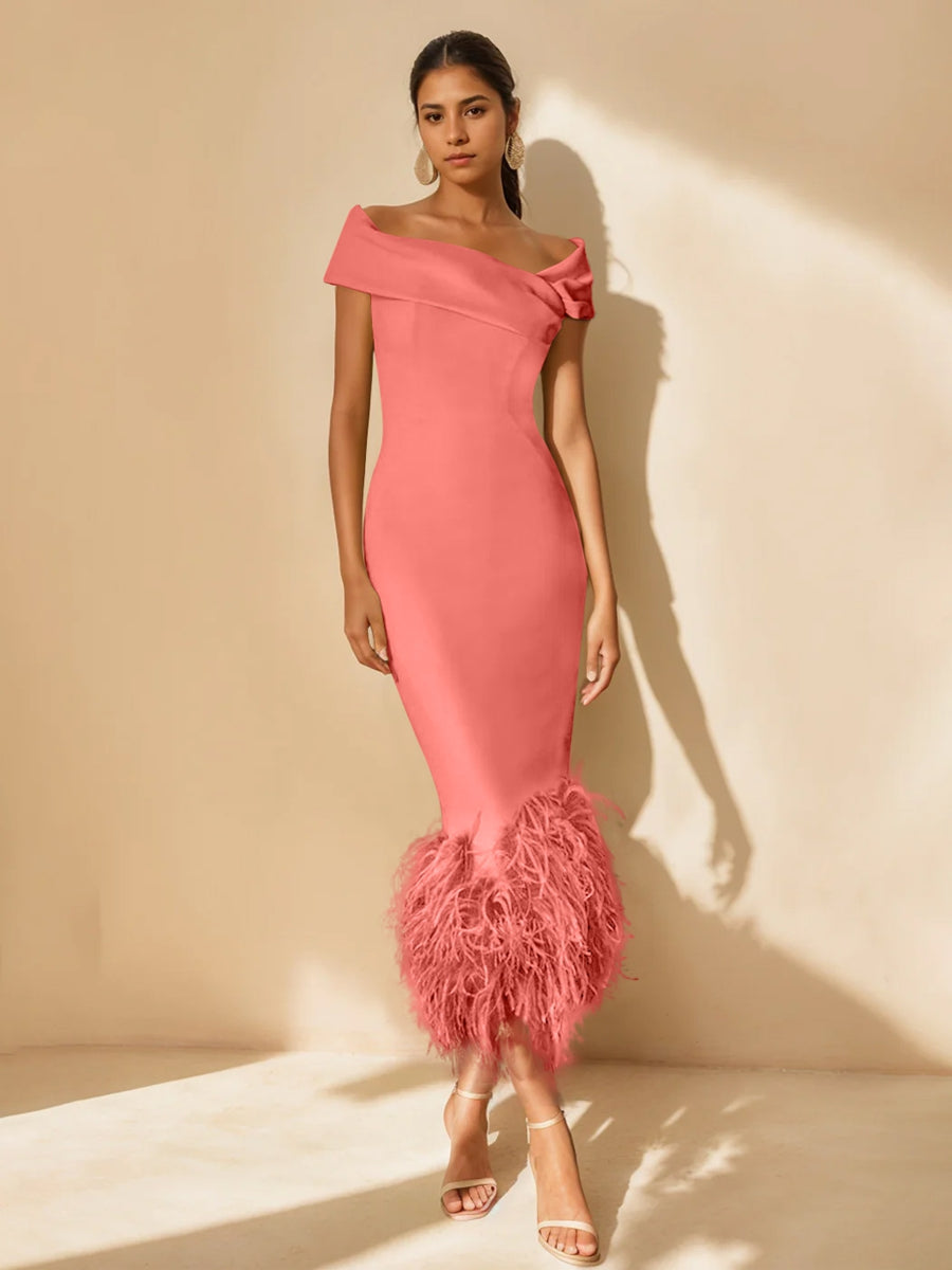 Column Off-the-Shoulder Short Sleeves Tea-Length Unique Mother of the Bride Dress