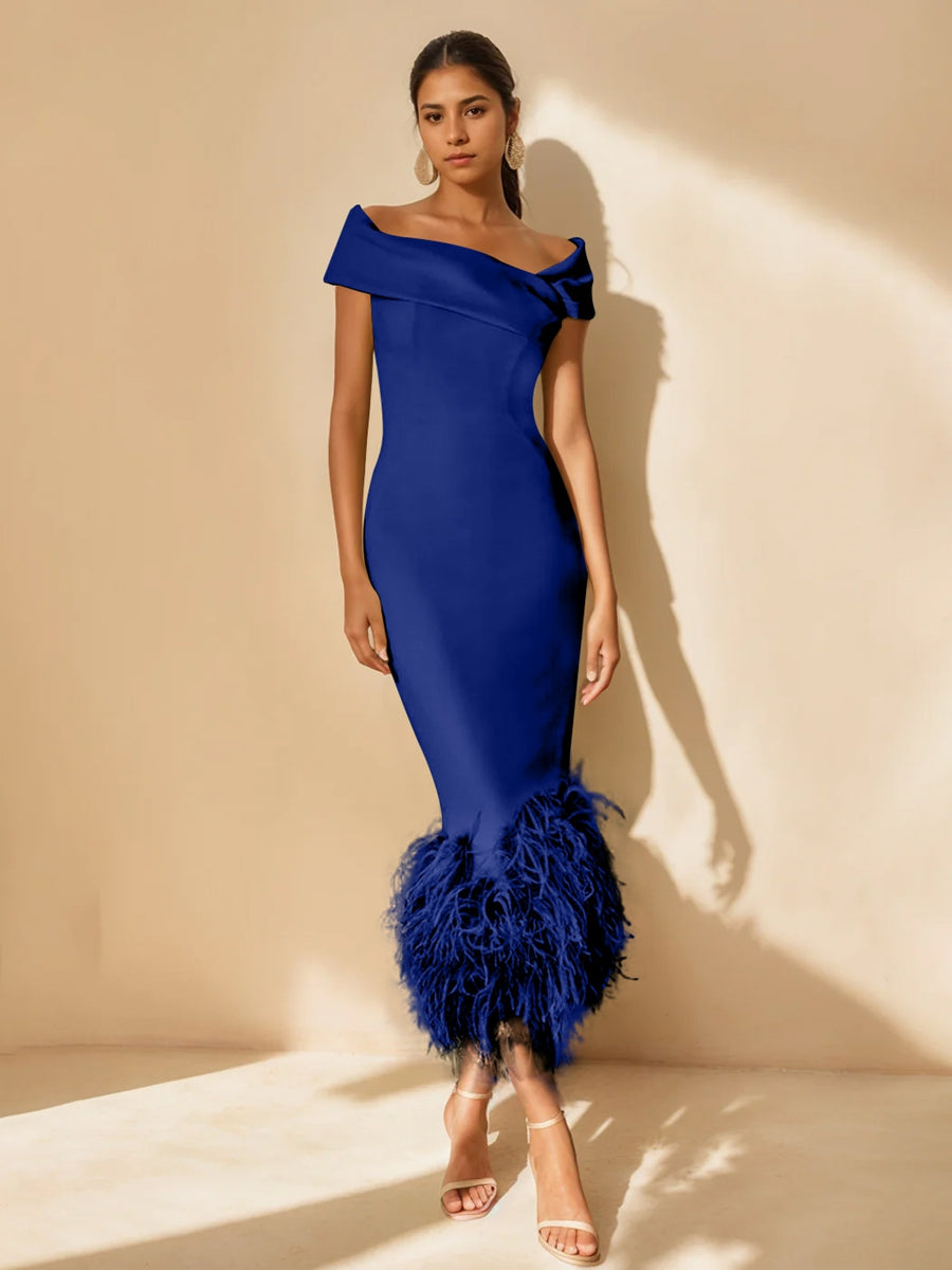 Column Off-the-Shoulder Short Sleeves Tea-Length Unique Mother of the Bride Dress