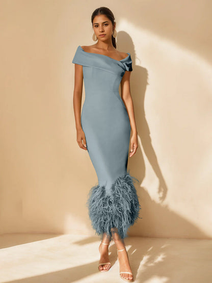 Column Off-the-Shoulder Short Sleeves Tea-Length Unique Mother of the Bride Dress