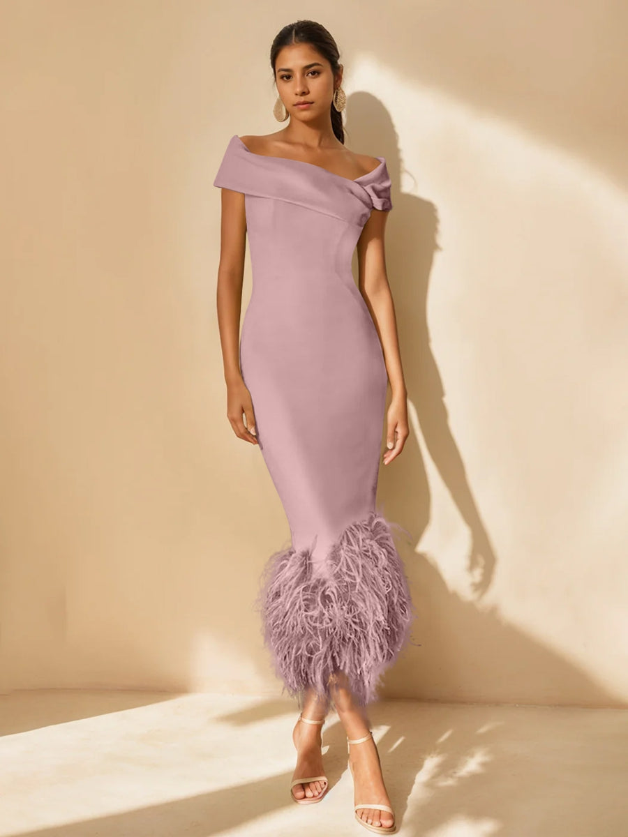 Column Off-the-Shoulder Short Sleeves Tea-Length Unique Mother of the Bride Dress