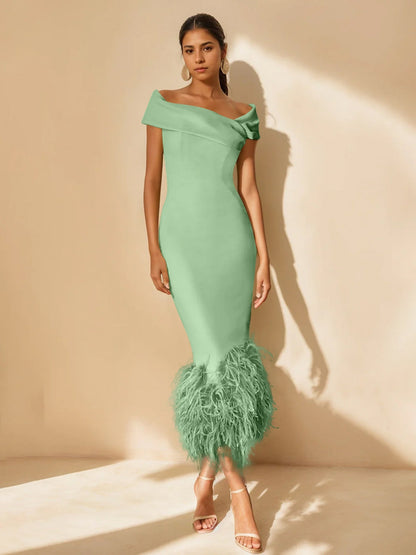 Column Off-the-Shoulder Short Sleeves Tea-Length Unique Mother of the Bride Dress