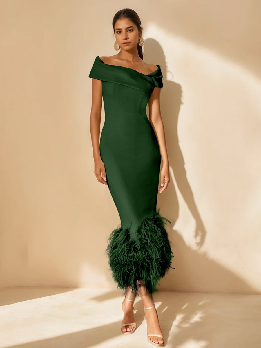 Column Off-the-Shoulder Short Sleeves Tea-Length Unique Mother of the Bride Dress