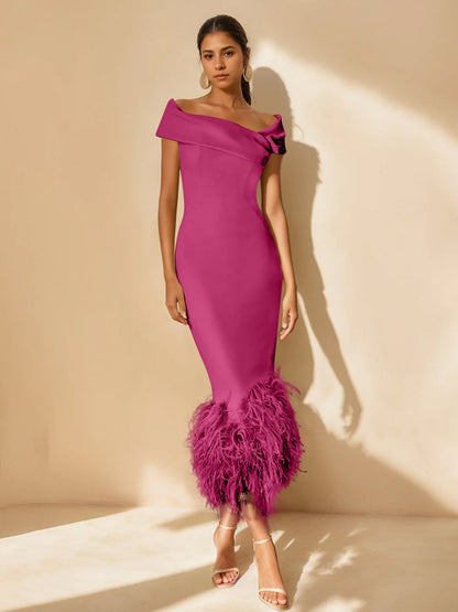 Column Off-the-Shoulder Short Sleeves Tea-Length Unique Mother of the Bride Dress
