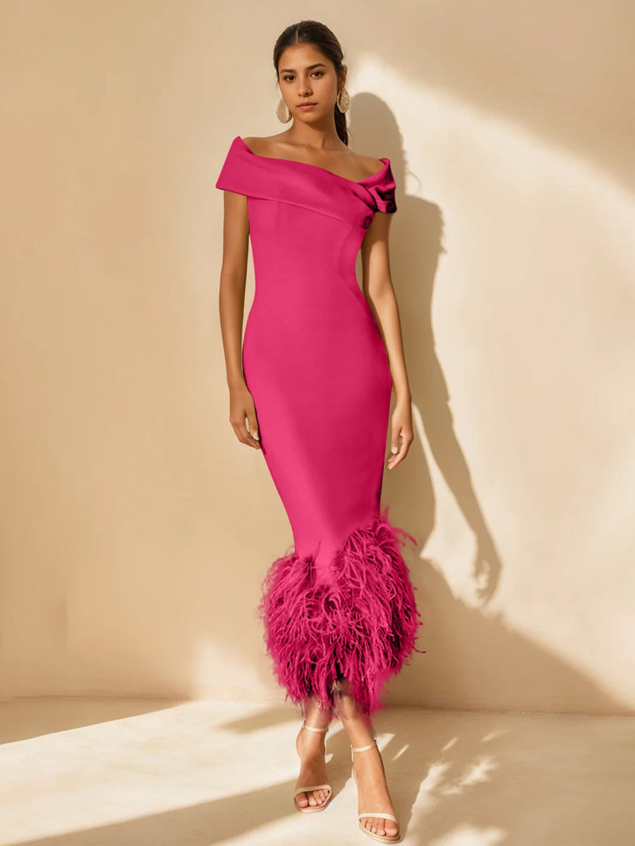 Column Off-the-Shoulder Short Sleeves Tea-Length Unique Mother of the Bride Dress