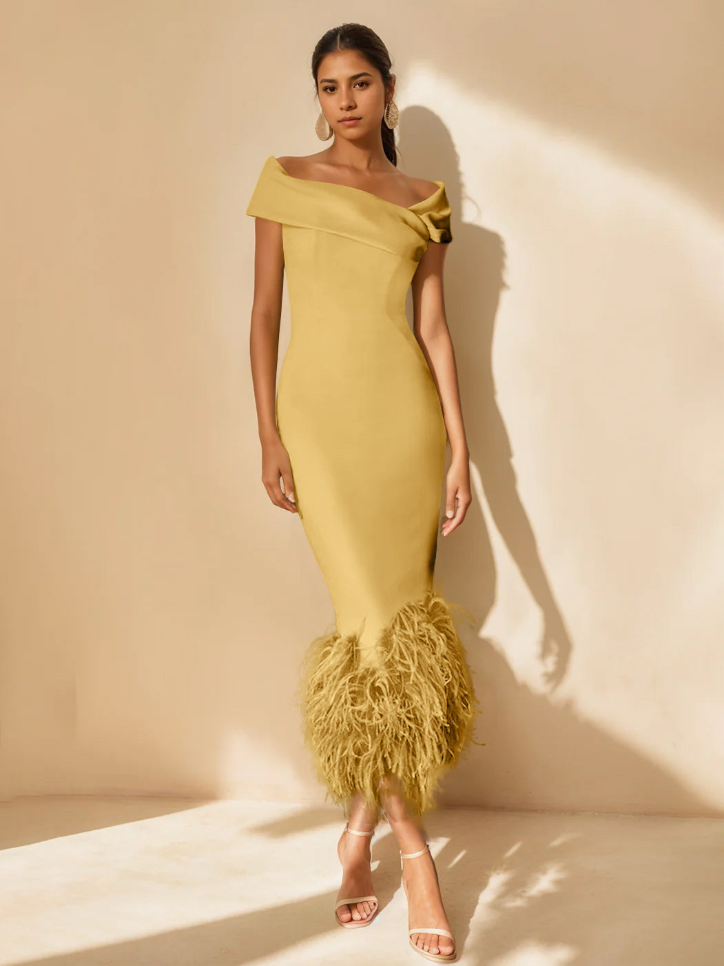 Column Off-the-Shoulder Short Sleeves Tea-Length Unique Mother of the Bride Dress