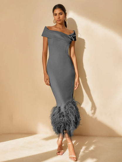 Column Off-the-Shoulder Short Sleeves Tea-Length Unique Mother of the Bride Dress
