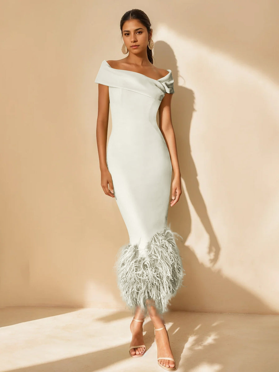 Column Off-the-Shoulder Short Sleeves Tea-Length Unique Mother of the Bride Dress