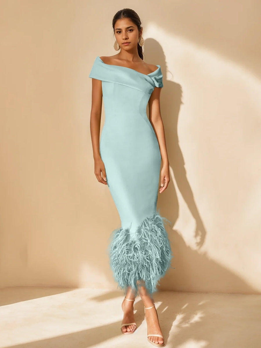 Column Off-the-Shoulder Short Sleeves Tea-Length Unique Mother of the Bride Dress