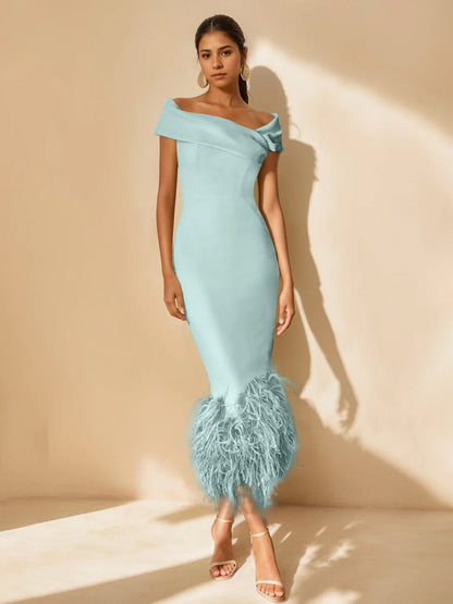 Column Off-the-Shoulder Short Sleeves Tea-Length Unique Mother of the Bride Dress