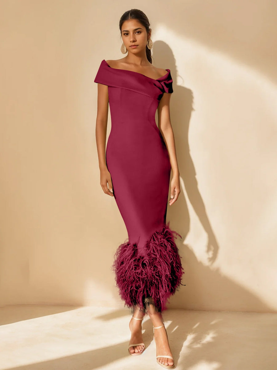 Column Off-the-Shoulder Short Sleeves Tea-Length Unique Mother of the Bride Dress