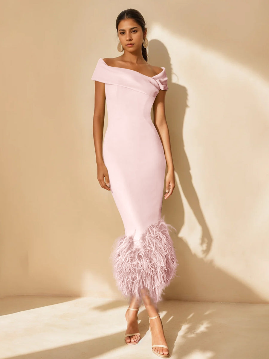 Column Off-the-Shoulder Short Sleeves Tea-Length Unique Mother of the Bride Dress