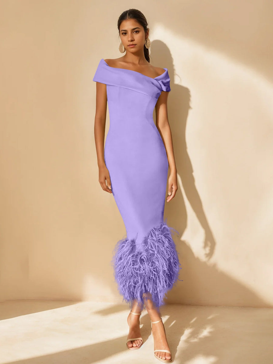 Column Off-the-Shoulder Short Sleeves Tea-Length Unique Mother of the Bride Dress