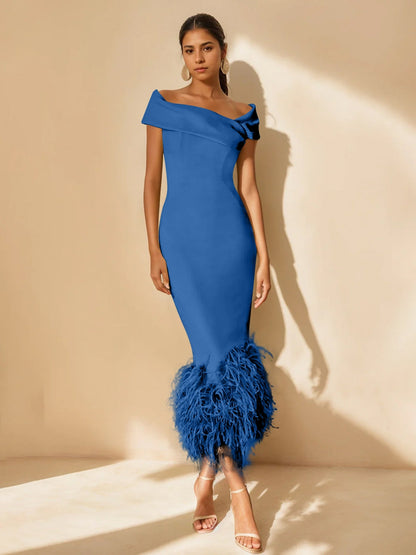 Column Off-the-Shoulder Short Sleeves Tea-Length Unique Mother of the Bride Dress