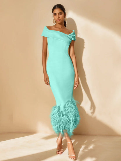 Column Off-the-Shoulder Short Sleeves Tea-Length Unique Mother of the Bride Dress