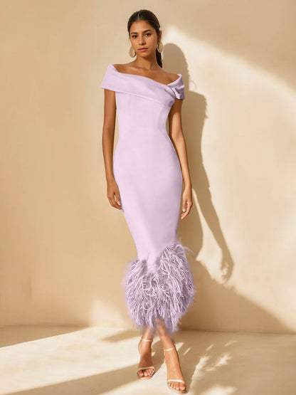Column Off-the-Shoulder Short Sleeves Tea-Length Unique Mother of the Bride Dress