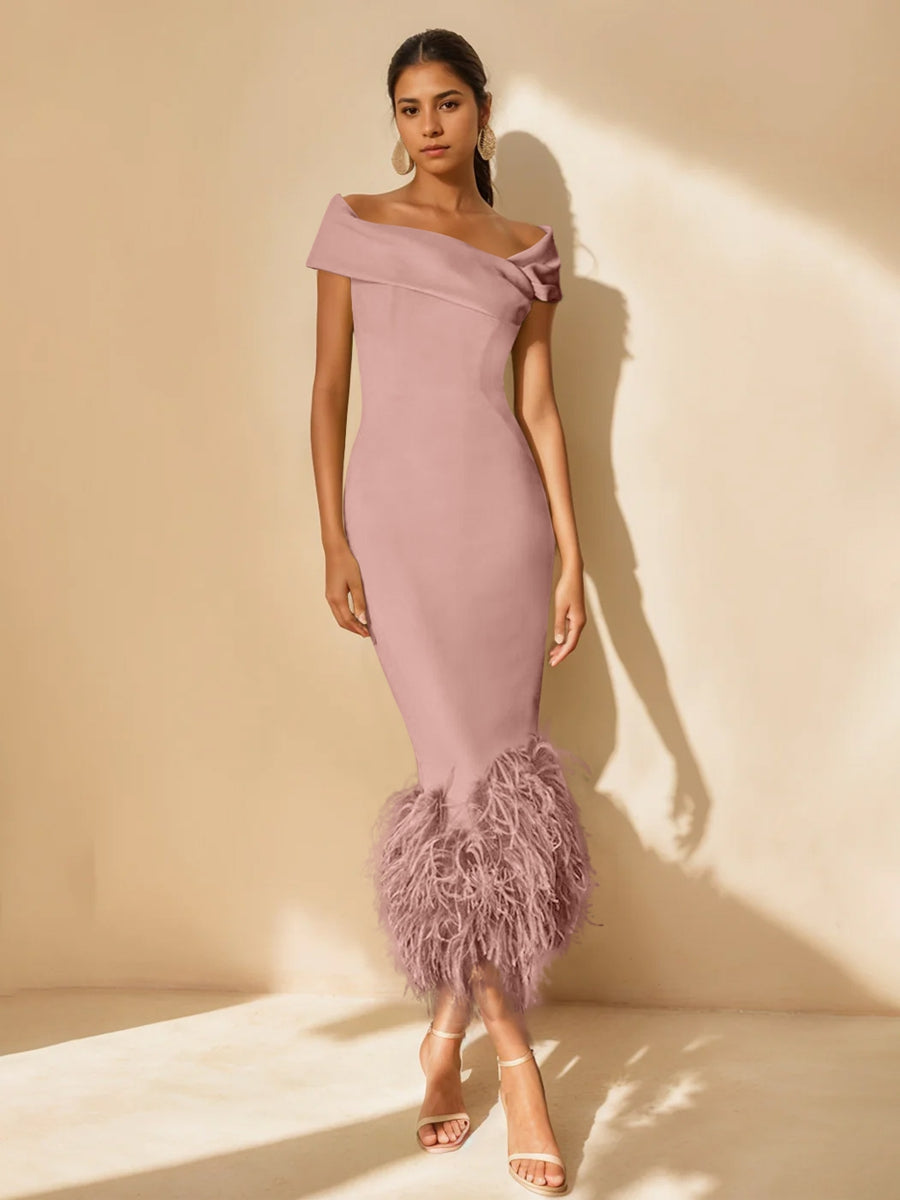Column Off-the-Shoulder Short Sleeves Tea-Length Unique Mother of the Bride Dress