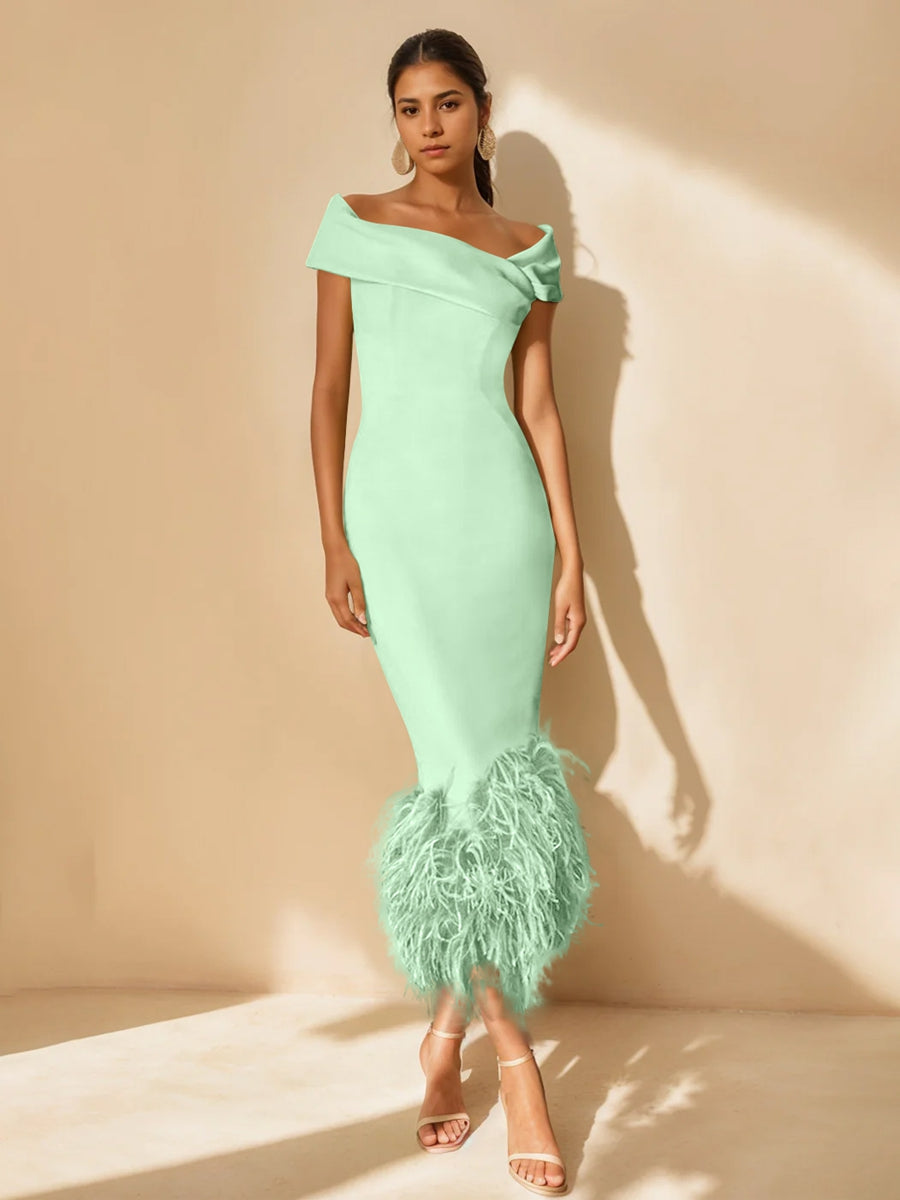 Column Off-the-Shoulder Short Sleeves Tea-Length Unique Mother of the Bride Dress