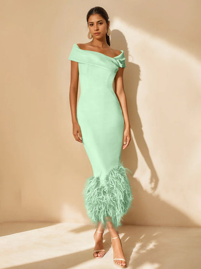 Column Off-the-Shoulder Short Sleeves Tea-Length Unique Mother of the Bride Dress