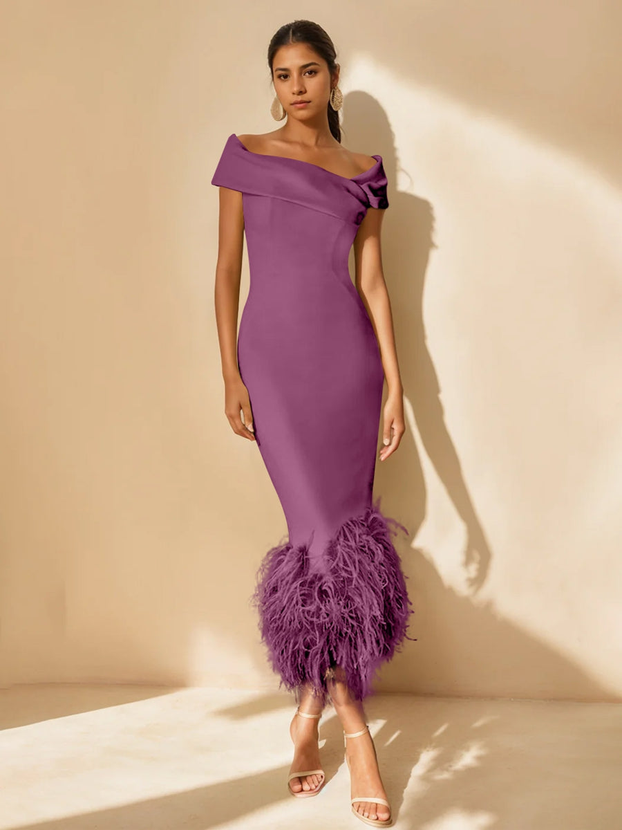 Column Off-the-Shoulder Short Sleeves Tea-Length Unique Mother of the Bride Dress