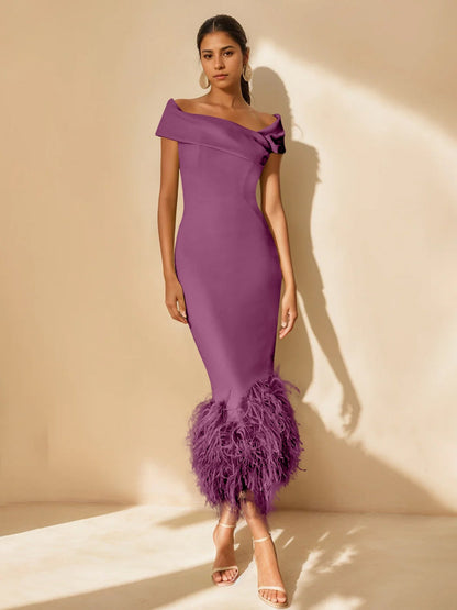 Column Off-the-Shoulder Short Sleeves Tea-Length Unique Mother of the Bride Dress
