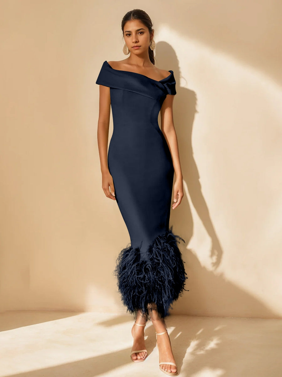 Column Off-the-Shoulder Short Sleeves Tea-Length Unique Mother of the Bride Dress