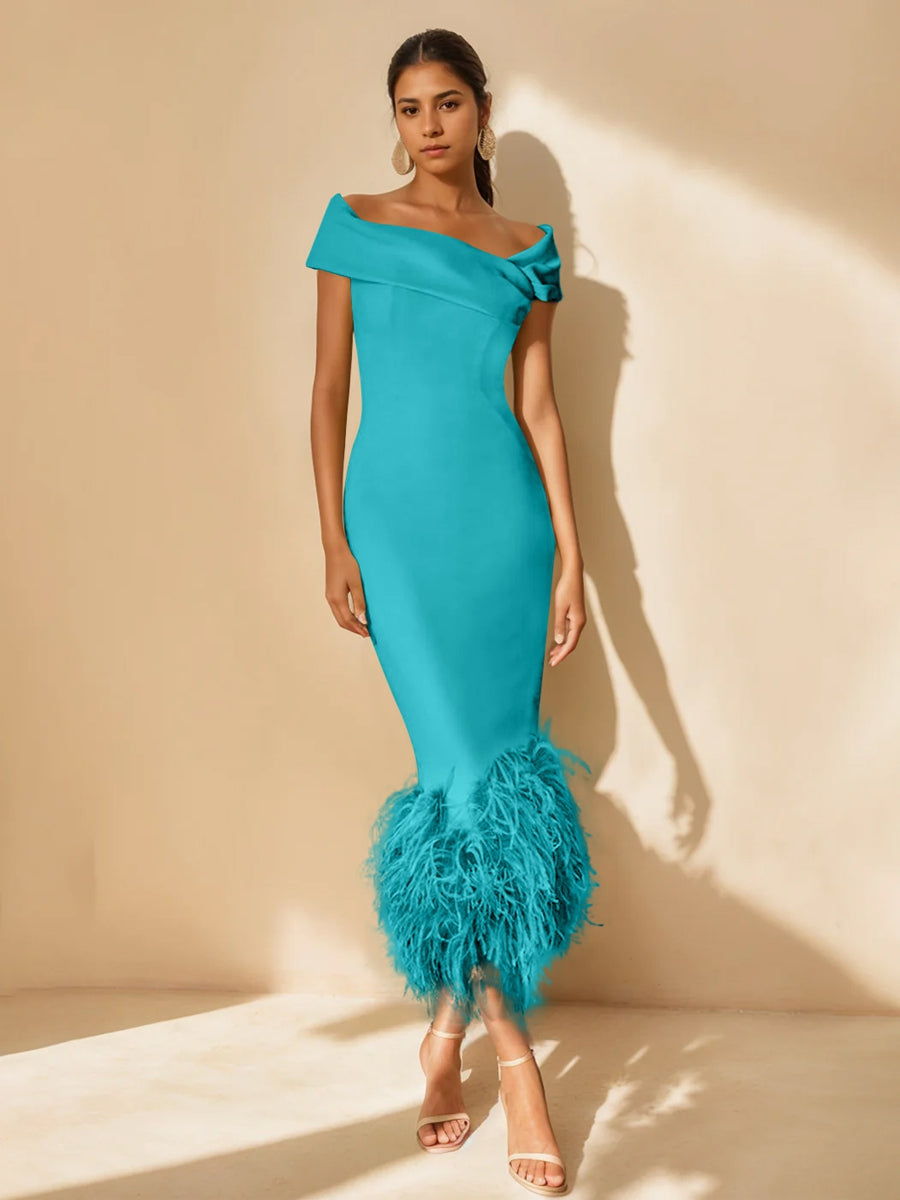 Column Off-the-Shoulder Short Sleeves Tea-Length Unique Mother of the Bride Dress