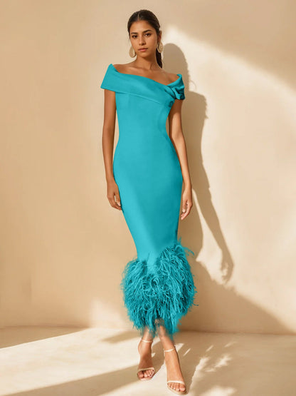 Column Off-the-Shoulder Short Sleeves Tea-Length Unique Mother of the Bride Dress