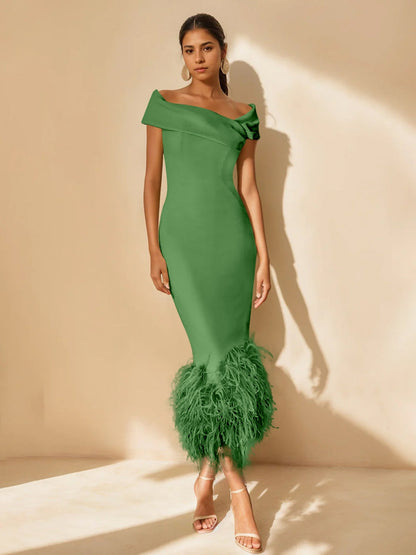 Column Off-the-Shoulder Short Sleeves Tea-Length Unique Mother of the Bride Dress