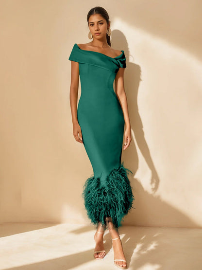 Column Off-the-Shoulder Short Sleeves Tea-Length Unique Mother of the Bride Dress