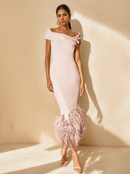 Column Off-the-Shoulder Short Sleeves Tea-Length Unique Mother of the Bride Dress