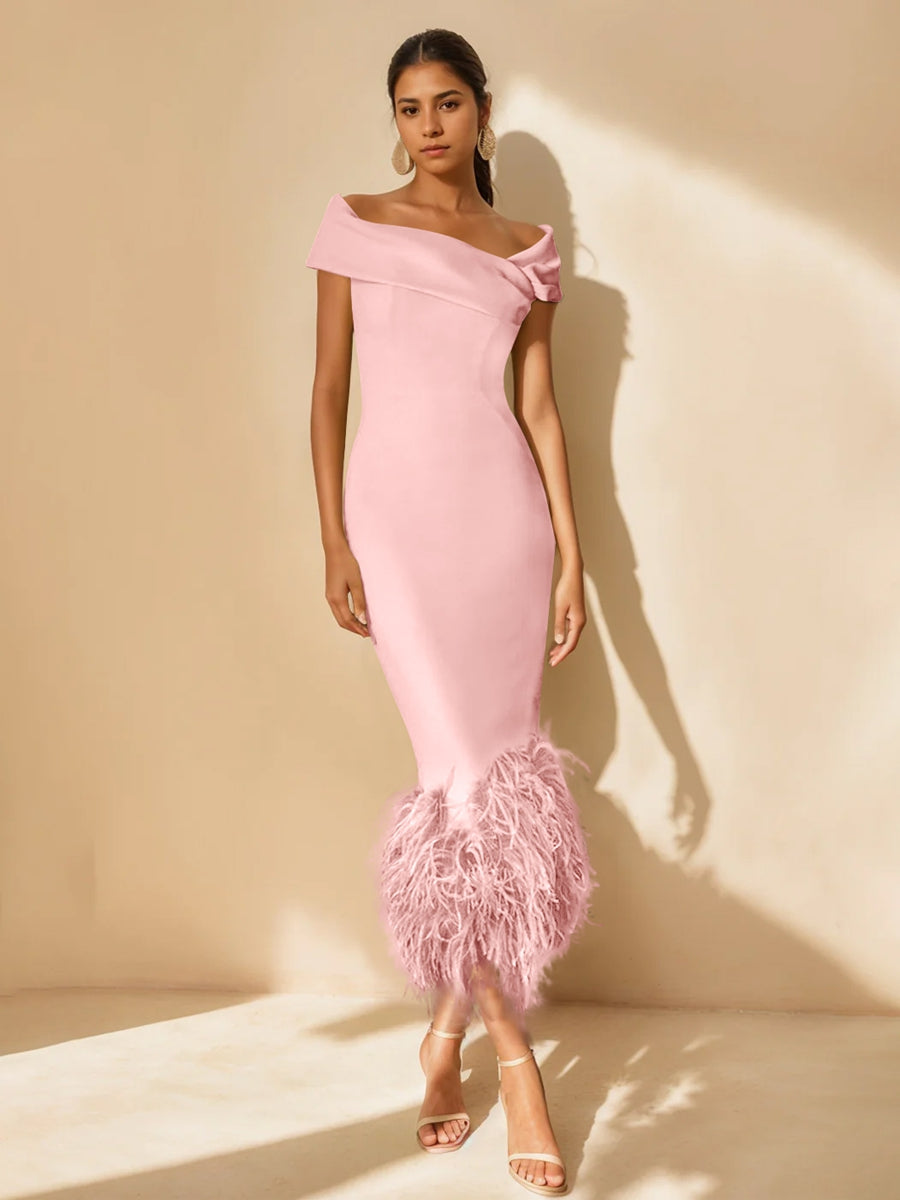 Column Off-the-Shoulder Short Sleeves Tea-Length Unique Mother of the Bride Dress