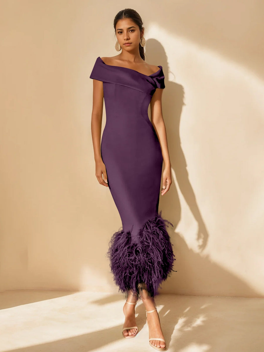 Column Off-the-Shoulder Short Sleeves Tea-Length Unique Mother of the Bride Dress