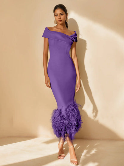 Column Off-the-Shoulder Short Sleeves Tea-Length Unique Mother of the Bride Dress