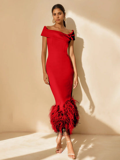 Column Off-the-Shoulder Short Sleeves Tea-Length Unique Mother of the Bride Dress