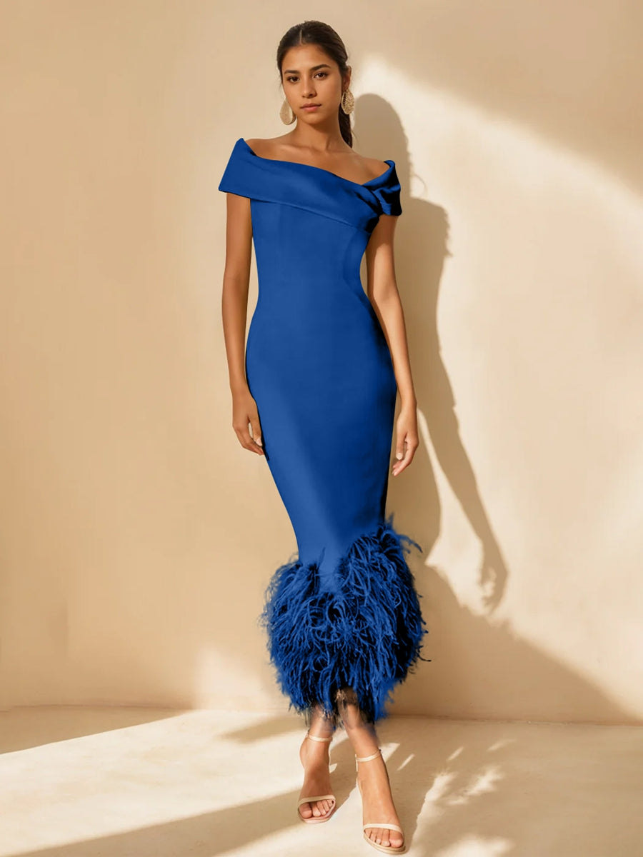 Column Off-the-Shoulder Short Sleeves Tea-Length Unique Mother of the Bride Dress