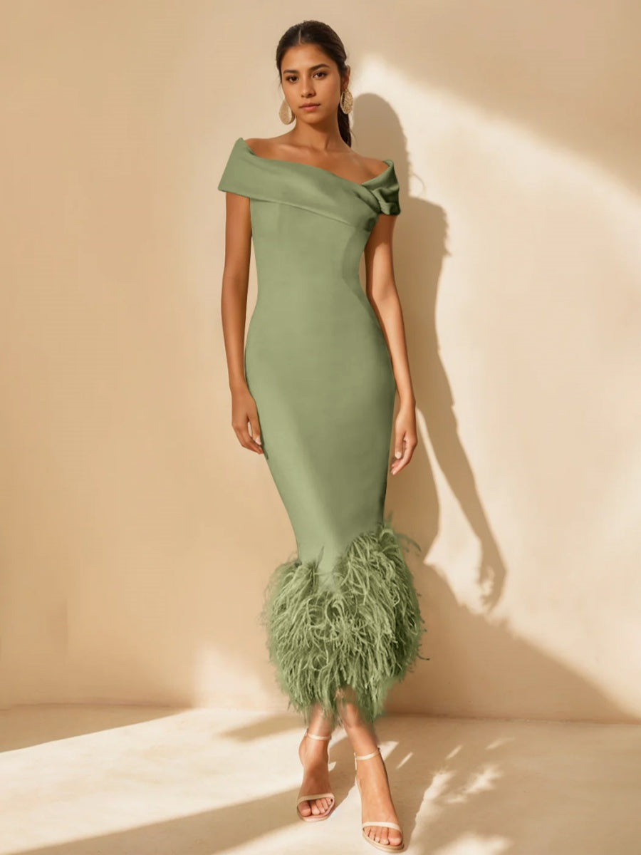 Column Off-the-Shoulder Short Sleeves Tea-Length Unique Mother of the Bride Dress