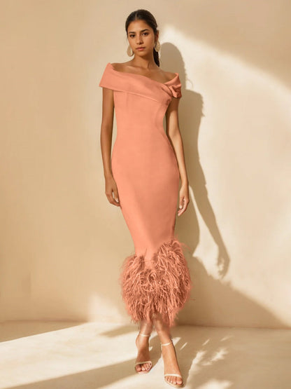 Column Off-the-Shoulder Short Sleeves Tea-Length Unique Mother of the Bride Dress