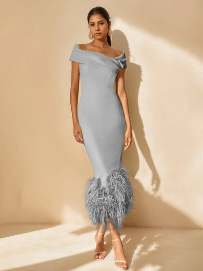 Column Off-the-Shoulder Short Sleeves Tea-Length Unique Mother of the Bride Dress