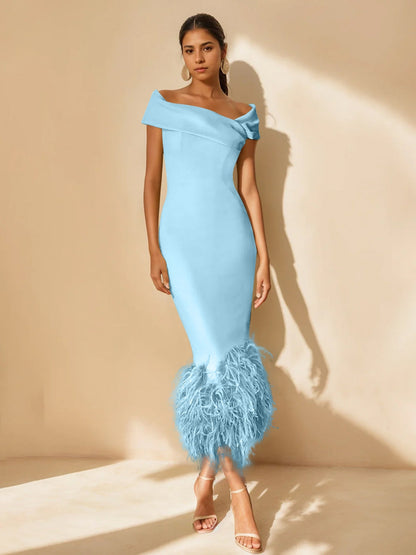 Column Off-the-Shoulder Short Sleeves Tea-Length Unique Mother of the Bride Dress