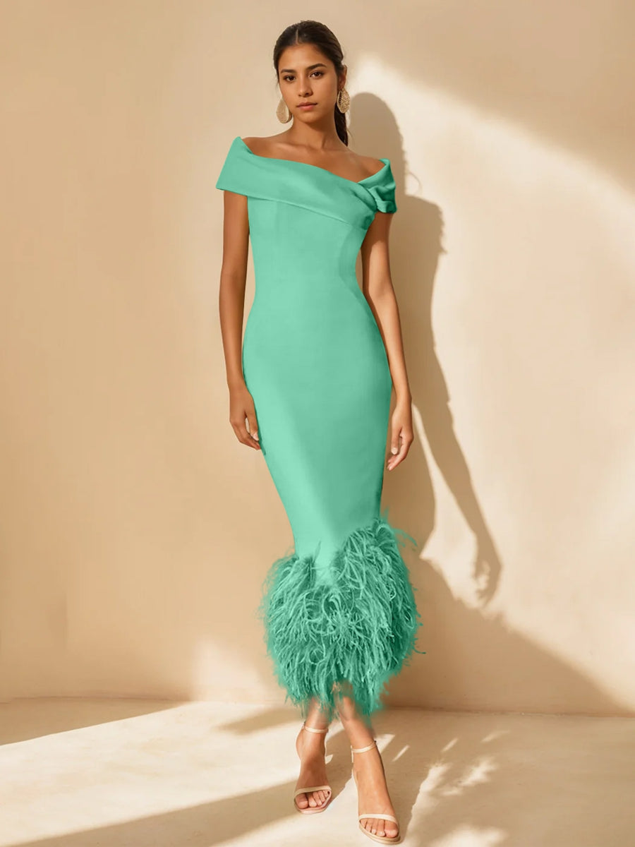 Column Off-the-Shoulder Short Sleeves Tea-Length Unique Mother of the Bride Dress