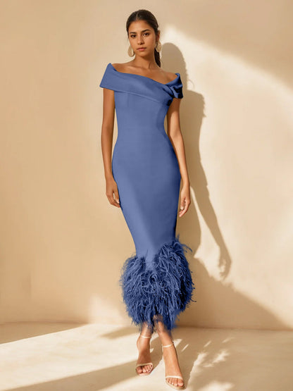 Column Off-the-Shoulder Short Sleeves Tea-Length Unique Mother of the Bride Dress